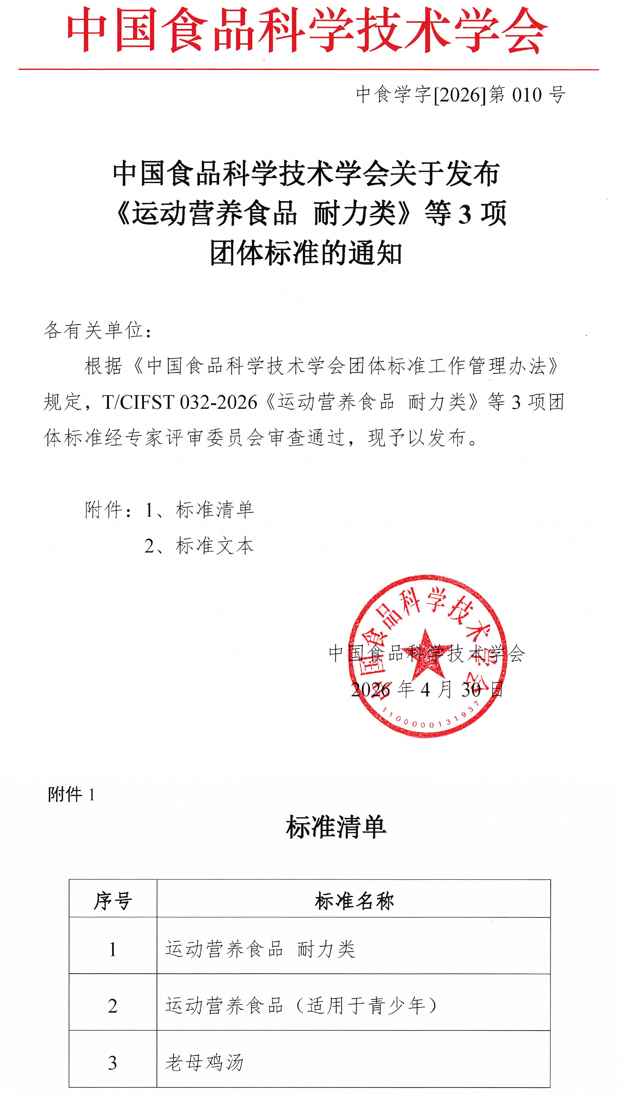 CIFST关于发布《运动营养食品 耐力类》三项团标的通知-1